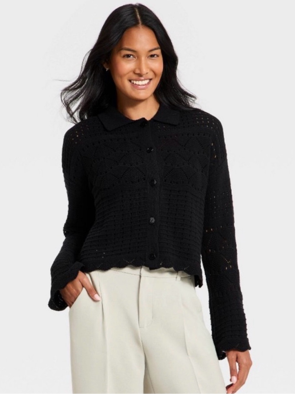 NWT Women’s A New Day Collared Crochet Cardigan Black Button Up XS Delicate